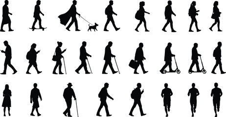Large Collection of Diverse People Silhouettes Walking, Running, and Commuting in Various Urban and Casual Poses, Representing Modern Public Life and Pedestrian Mobility