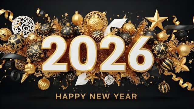 A richly detailed and elegant digital design featuring the large, metallic 3D text "2026" and "HAPPY NEW YEAR" set against a sophisticated black background with a glowing gold border.