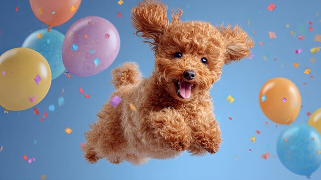 Adorable puppy celebrating with balloons and confetti, bringing joy and playful energy to any project, perfect for birthdays and special occasions