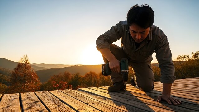 Asian Man Diligently Drilling a New Wooden Deck on a Mountain View Balcony During Golden Hour, Embodying DIY Home Improvement and Modern Outdoor Living Lifestyle