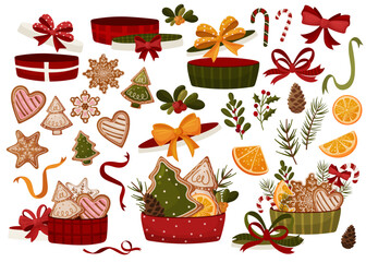 A large Christmas set with gift boxes, gingerbread cookies, bows, candy canes, berries, pine branches and festive decorations