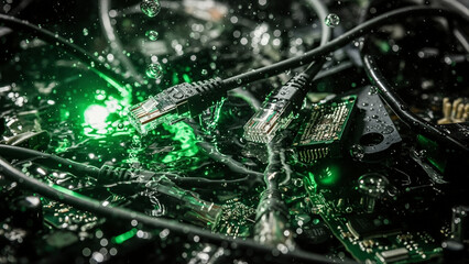 Ethernet cables and circuit board submerged in water with green light. Concept of data damage, short circuit, and electronics failure.