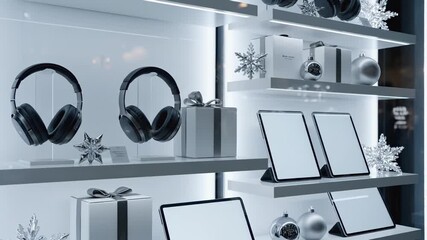 Display of modern audio equipment and gadgets in a festive retail window, showcasing sleek design and holiday decorations, camera pans across the scene