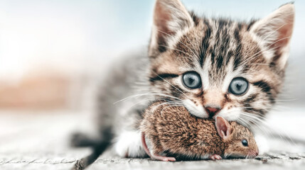 Kitten showing its innate predatory nature with a freshly caught mouse, highlighting survival and the food chain