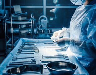 Obraz premium Enfermera de tez clara preparando instrumentos estériles en una sala quirúrgica equipada, mostrando concentración, precisión y ambiente clínico especializado.