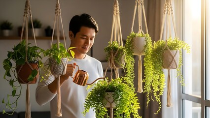 An Asian man diligently waters his diverse collection of lush green hanging house plants in macrame holders, illuminated by warm cinematic sunlight, embodying modern home-life.