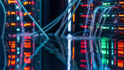 Damaged server room with water overflowing on infrastructure and network equipment, risking data center failure. System breakdown abstract concept.