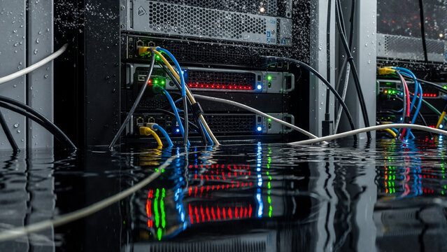 Flooded data center with servers and network cables partially submerged in water, indicating disaster recovery and risk management for critical infrastructure.