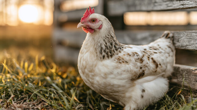Young hen with speckled feathers standing in green grass near a rustic wooden fence during golden hour on an organic farm