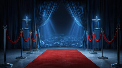Red carpet illuminated by spotlights, awaiting award recipients. Blue curtains open to a night city skyline view, symbolizing achievement and glamour