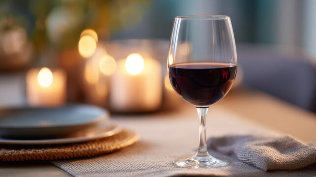 A glass of red wine is on a table with plates and candles in the background, creating an intimate atmosphere for dining or celebration