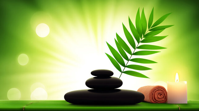 Zen spa concept integrating balanced stones, a lit candle, and bamboo leaves on a bamboo surface for natural wellness