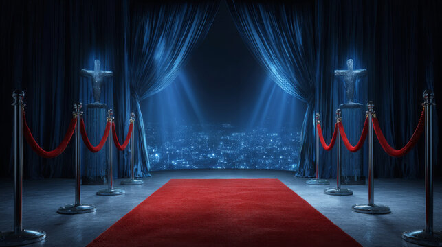 Red carpet illuminated by spotlights, awaiting award recipients. Blue curtains open to a night city skyline view, symbolizing achievement and glamour