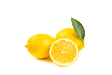 Lemon isolated on white background. Lemon fruits with a slice. Fresh lemon fruits with citrus leaves. Lemon juice. Pattern. Space for text.