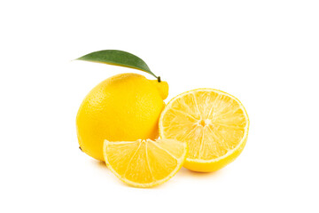 Lemon isolated on white background. Lemon fruits with a slice. Fresh lemon fruits with citrus leaves. Lemon juice. Pattern. Space for text.