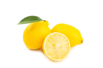 Lemon isolated on white background. Lemon fruits with a slice. Fresh lemon fruits with citrus leaves. Lemon juice. Pattern. Space for text.