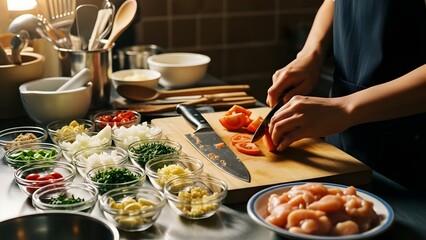 Close-up of an Asian adult's hands expertly chopping fresh tomatoes on a wooden board amidst an organized mise en place, preparing a healthy homemade meal in a modern kitchen.