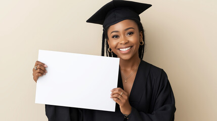 Smiling African American graduate woman in cap and gown holding a blank white sheet for announcement or customizable message