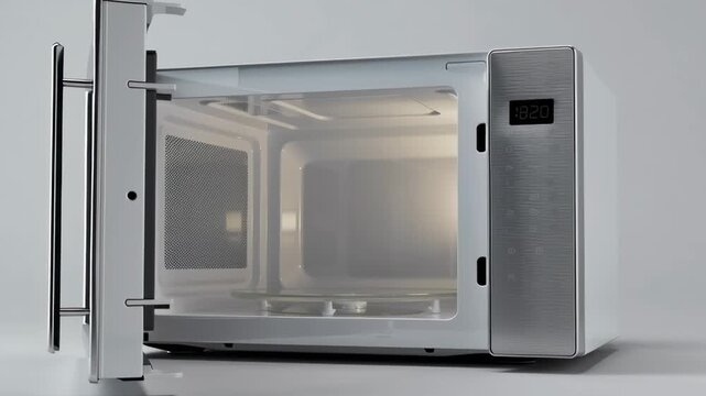 A silver microwave oven with a black door. The microwave is turned off
