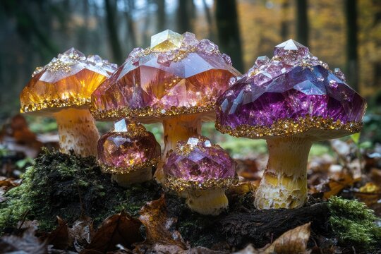 The mushrooms decorated with large sparkling crystals of different colors. The mushrooms are set against a forest floor covered with moss and leaves, with a blurred forest in the background