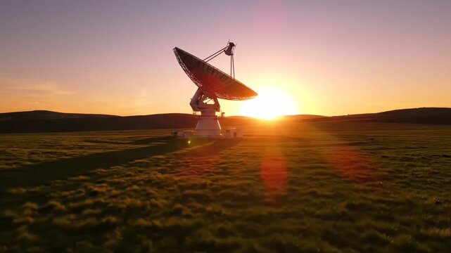 Large satellite dish on field during sunset reflects the technology communication concept, as sunlight illuminates ground. This communication tower and its parabolic antennas symbolize exploration,
