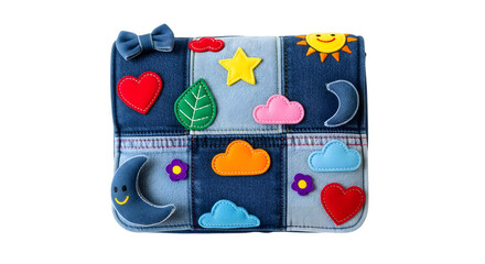 Obraz premium Handmade denim busy board with colorful felt shapes isolated on white background