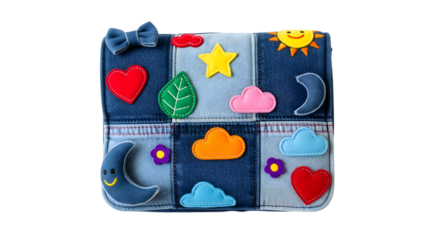 Handmade denim busy board with colorful felt shapes isolated on white background