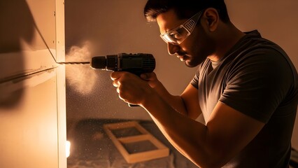 Skillful Asian man performing a household task, drilling into a wall with precision and focus, embodying DIY home improvement and a productive modern lifestyle under warm, cinematic lighting.