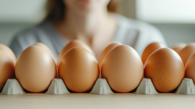 Person closely examining eggs in a retail store, focusing on quality and cost conscious shopping amidst rising food prices
