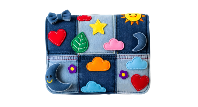 Handmade denim busy board with colorful felt shapes isolated on white background - Powered by Adobe
