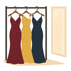 Luxurious sequin evening gowns hanging in the fitting room