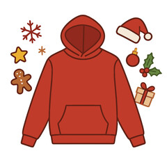 Close‑up of a red and white blank template sweatshirt with a copy space, featuring a Christmas holiday concept; a top‑view mockup of a hoodie adorned with holiday decorations on a white background