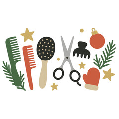 A flat‑lay composition of a Christmas‑themed hairdresser&rsquo;s tools&mdash;combs, brushes, scissors, and accessories&mdash;decorated with New Year ornaments against a white backdrop, featuring a stylish concept and