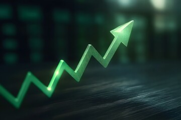 Abstract digital illustration of a glowing green upward trending line graph symbolizing financial growth and positive economic performance on a dark textured background