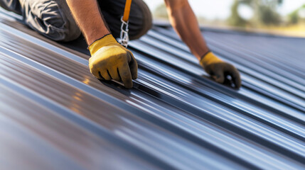 Worker hands in protective gloves installing new corrugated metal roofing, performing a repair or building a new structure