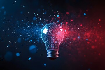 Conceptual illustration of a glowing incandescent light bulb shattering into vibrant blue and red particles against a dark cosmic background symbolizing innovation and creative explosion
