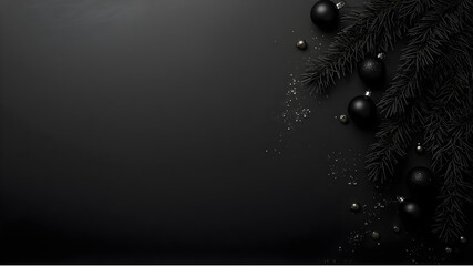 Christmas background flat lay, Merry Christmas card with presents, gifts, christmas tree branches and ornaments on black background winter holiday, New Year theme with space for text