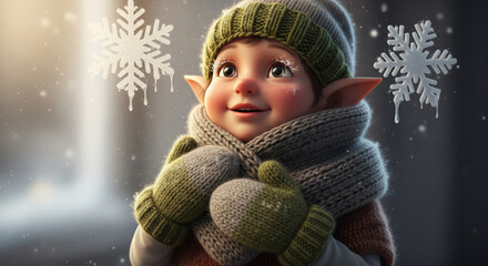 Cute Christmas elf wearing a warm scarf and mittens, surrounded by soft falling snowflakes, cozy winter aesthetic, adorable holiday character design in bright festive colors.