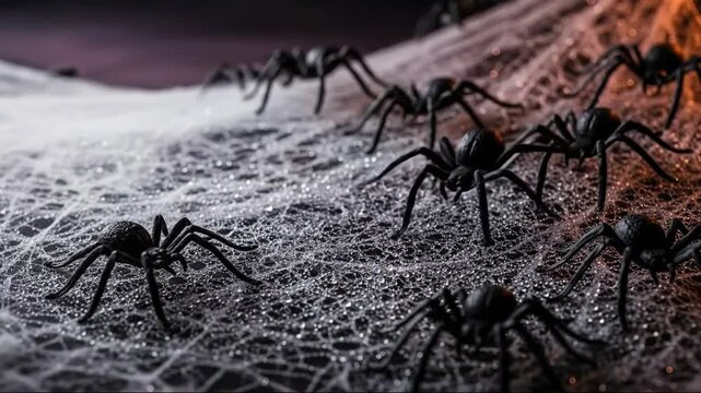 Black plastic spiders on a glowing spiderweb with purple background. Halloween spooky decoration concept.