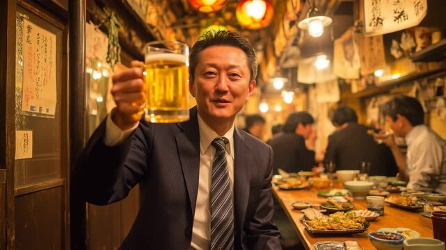 居酒屋で乾杯する日本人ビジネスマン