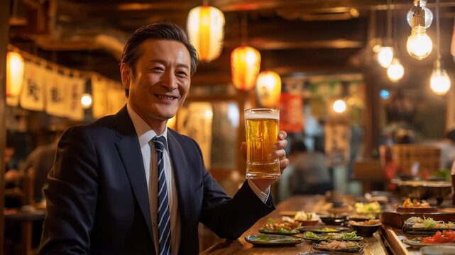 仕事仲間と居酒屋で乾杯する日本人ビジネスマン