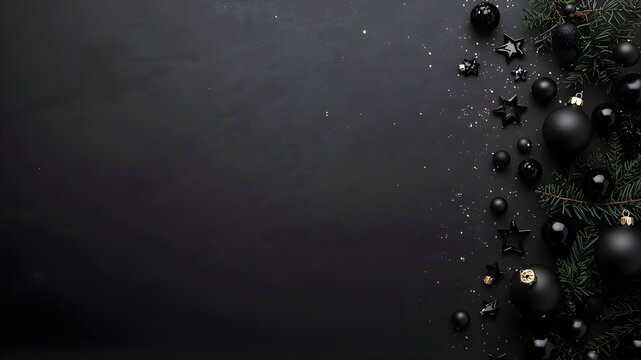 Christmas background flat lay, Merry Christmas card with presents, gifts, christmas tree branches and ornaments on black background winter holiday, New Year theme with space for text