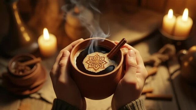 Woman holds hot coffee mug with cinnamon pattern and stick, cozy celebration drink.