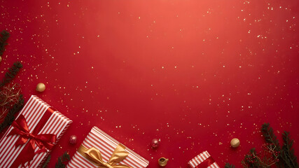 Christmas background flat lay, Merry Christmas card with presents, gifts, christmas tree branches and ornaments on red background winter holiday, New Year theme with space for text