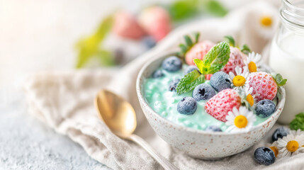 Healthy breakfast bowl with fresh blueberries, strawberries, and mint, promoting natural nutrition and well being