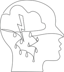 Continous line drawing of Mental health adult depression. Minimal line illustration of head in stress and depression concept. Editable line art. Doodle line illustration.