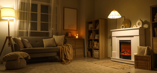 Fototapeta premium Interior of dark living room with fireplace, sofa and glowing lamp at night