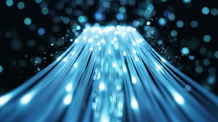 Abstract data stream with bright blue lights forming network connections. Data stream visualizes modern communication systems, showcasing light trails and vibrant blue hues. - Powered by Adobe