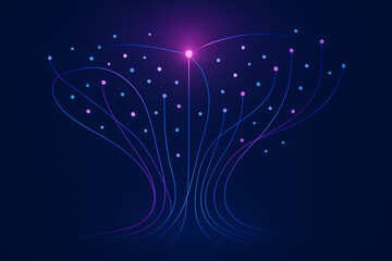 Abstract visualization tree with glowing nodes symbolizing futuristic computing networks and global data streams of artificial intelligence
