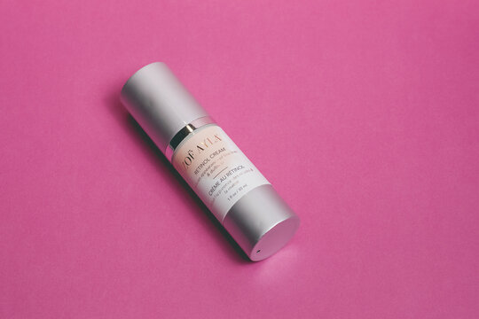 06.06.2025, Żory, Poland &ndash; Zo&euml; Ayla retinol cream displayed on a minimal skincare background during a product presentation highlighting beauty and cosmetic trends